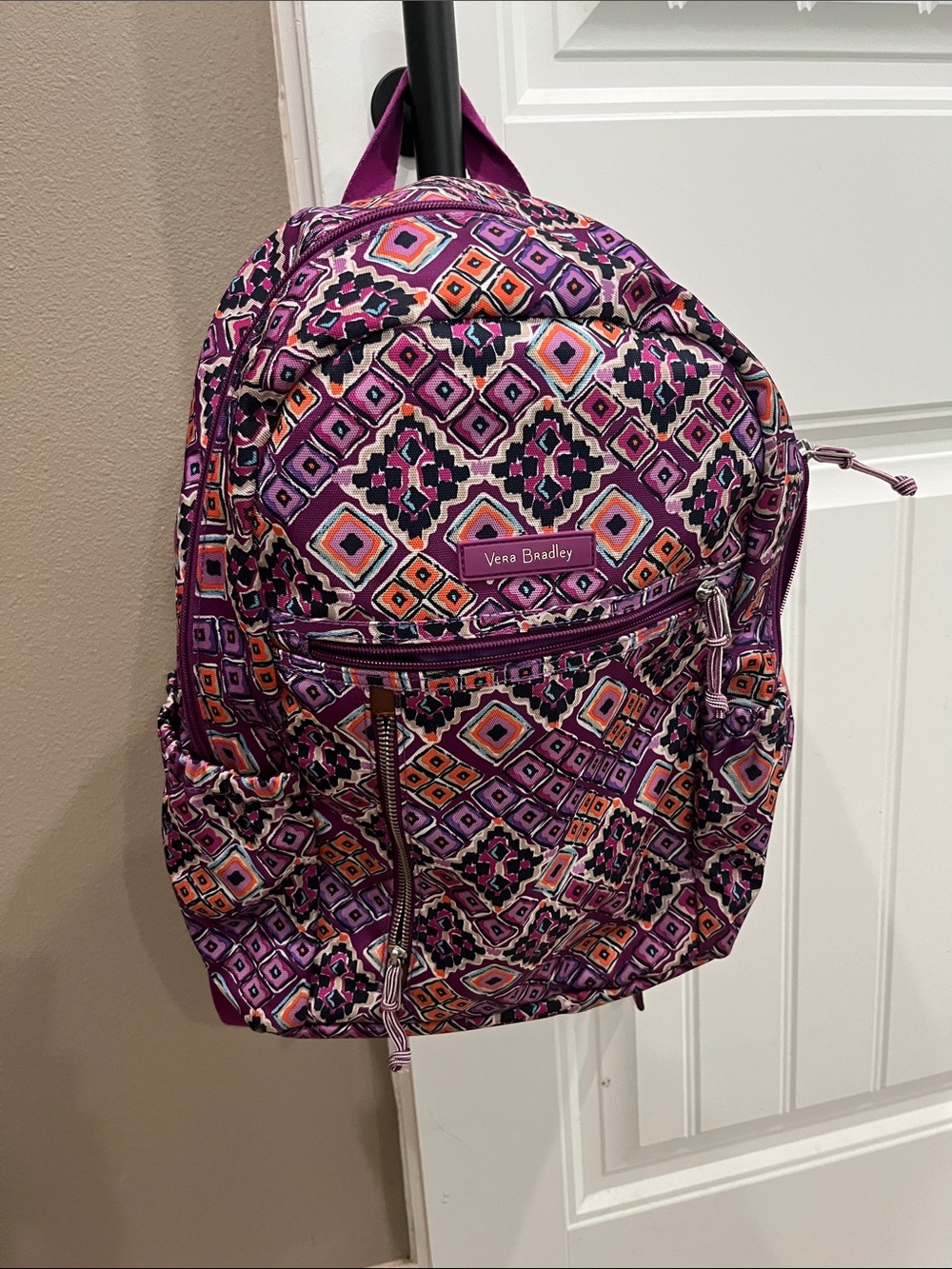Vera Bradley Purple Geometric Pattern Backpack with Orange Accents